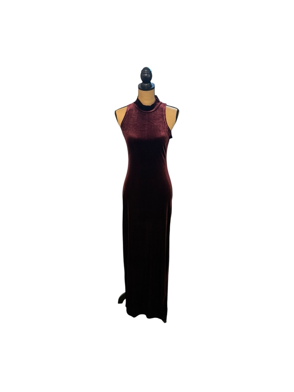 MINKPINK Women M Burgundy Velvet Maxi Dress Mock Neck Whimsigoth Gothic Slit